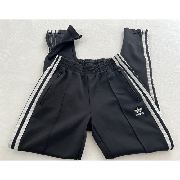 Adidas Originals Youth Black Track Pants White Striped Sides Zippers Pockets XS - Picture 1 of 5